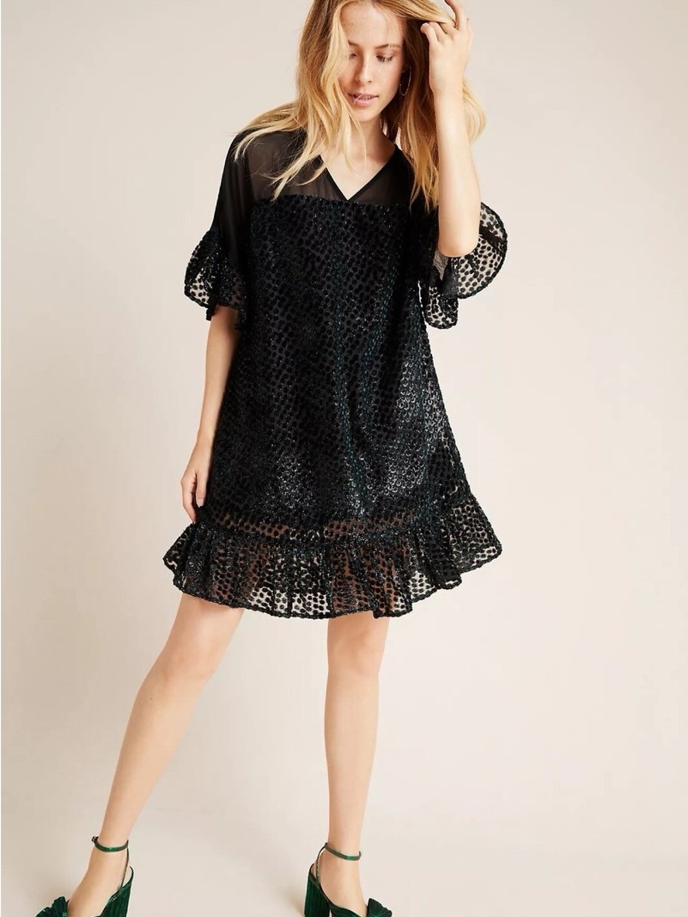 Anthropologie Black Sheer Ruffle-Trim Mini Dress